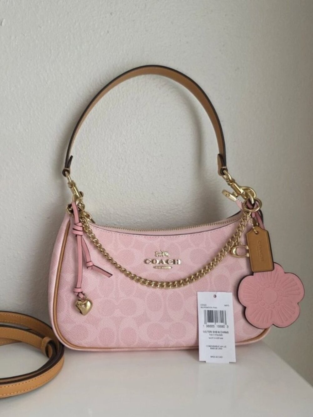 Coach Teri Shoulder Bag Signature Canvas With Charms Gold/Powder Pink CEA20 - Picture 1 of 6